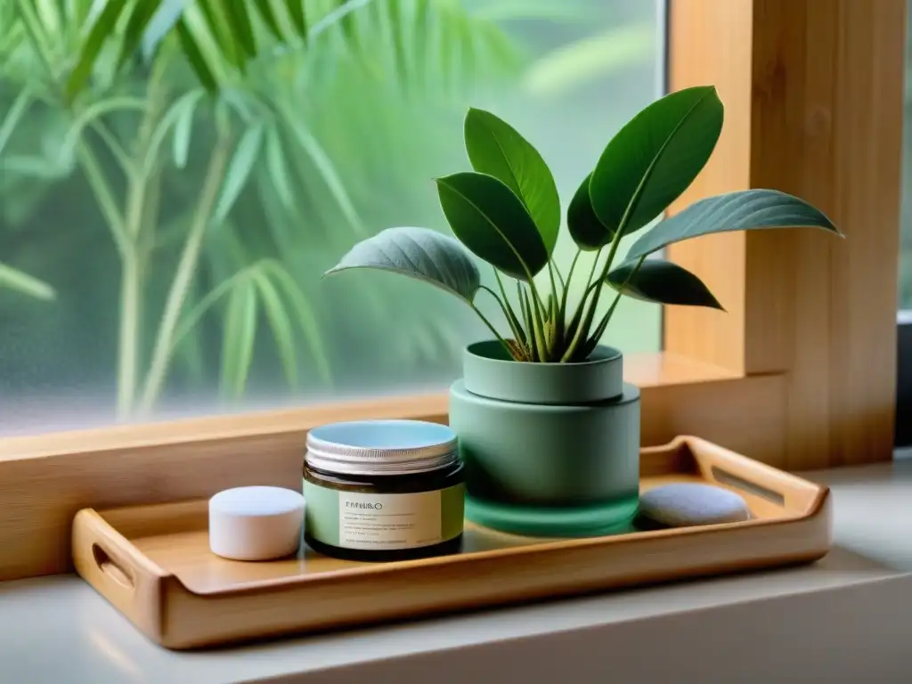 Un tranquilo estante de baño con productos zero waste y plantas, ideal para Rutina cuidado piel zero waste Uruguay