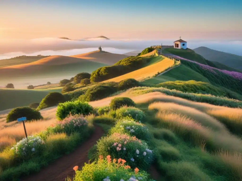 Tranquilo paisaje uruguayo al atardecer con colinas verdes y cartel de beneficios suplementos hierbas uruguayas