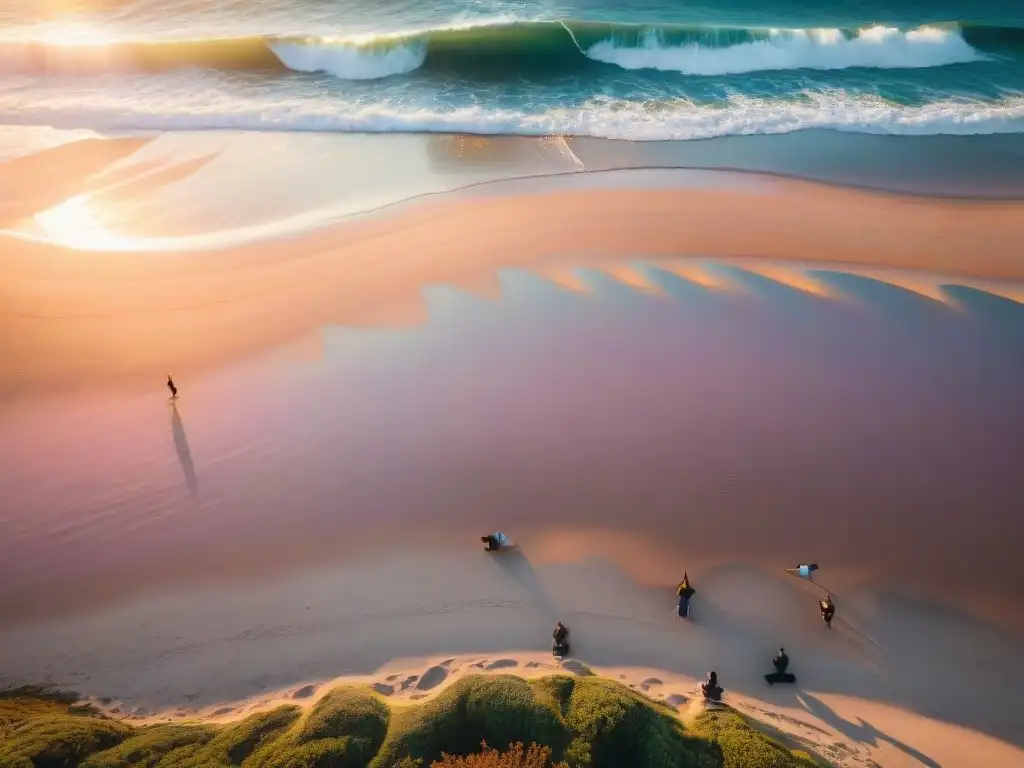 Amanecer tranquilo en la playa de Uruguay, surfistas y yoguis practicando juntos