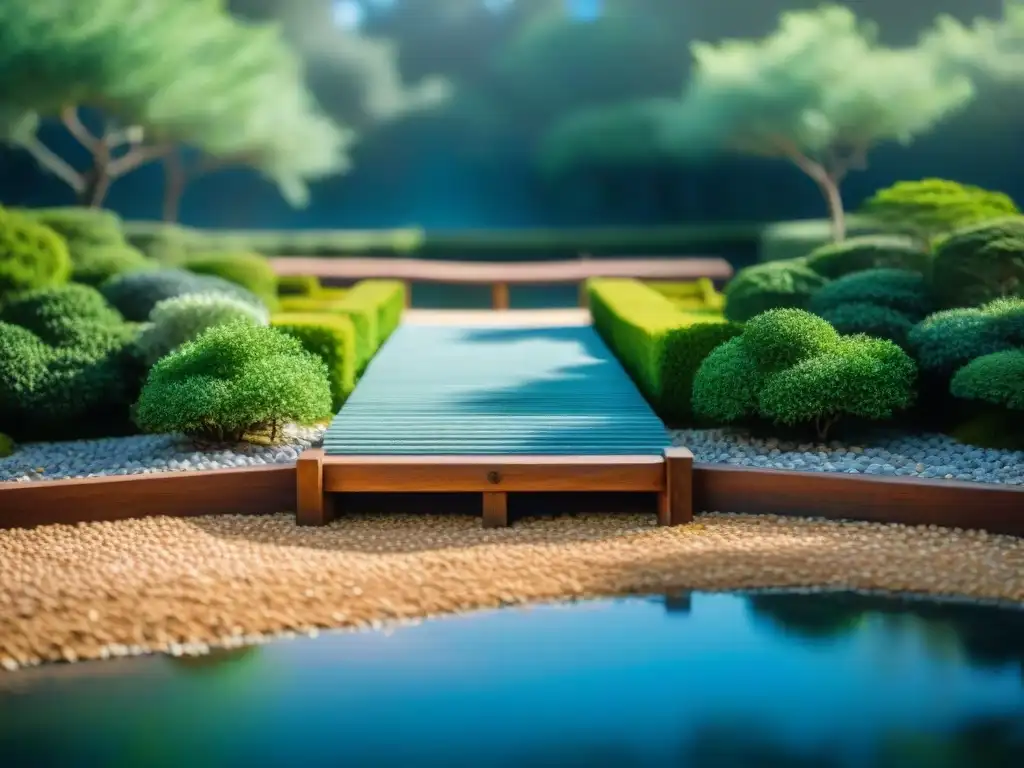 Tranquilo jardín Zen en Uruguay con puente de madera y pagoda; reflejo en estanque