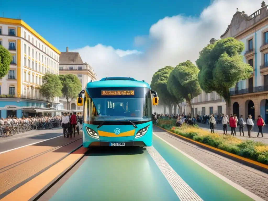 Transporte comunitario sostenible en Uruguay: Electrizante escena urbana con vibrante autobús eléctrico y pasajeros diversos