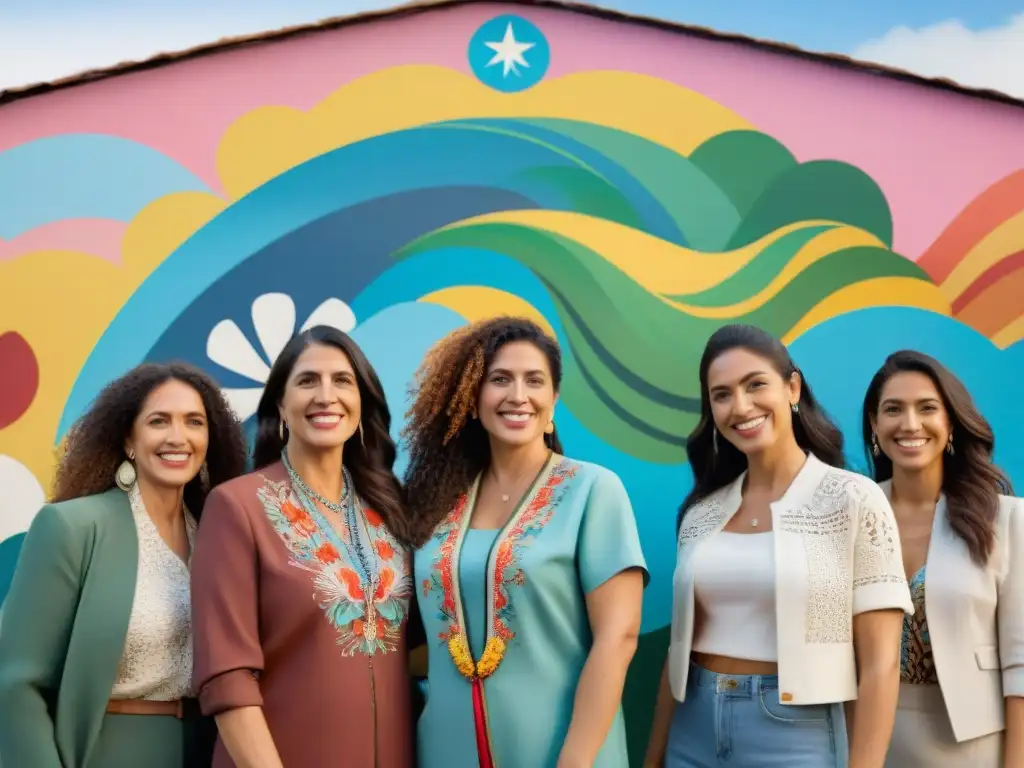 Unidas por el liderazgo femenino en comunidades uruguayas, mujeres diversas posan frente a un mural vibrante de empoderamiento y sostenibilidad