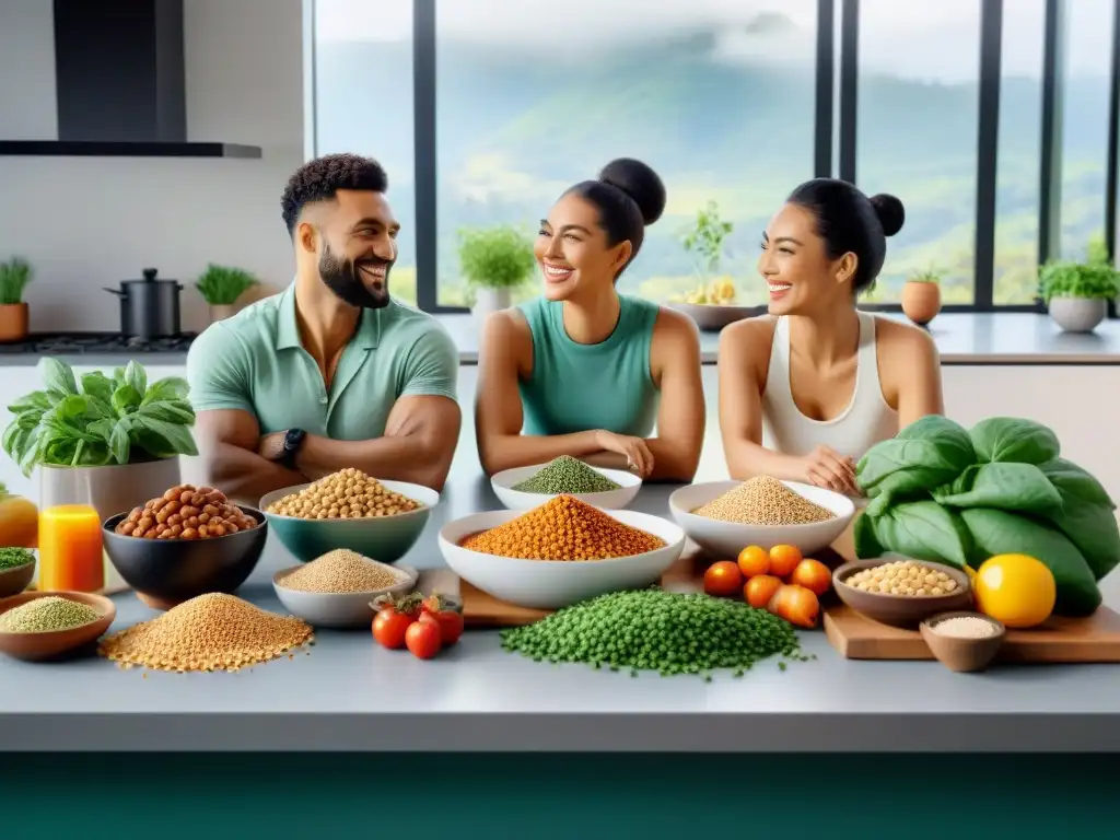 Cocina inclusiva: disfrutando proteínas vegetales Unidos por las proteínas vegetales para bienestar integral, un grupo diverso disfruta de una cocina moderna y colorida