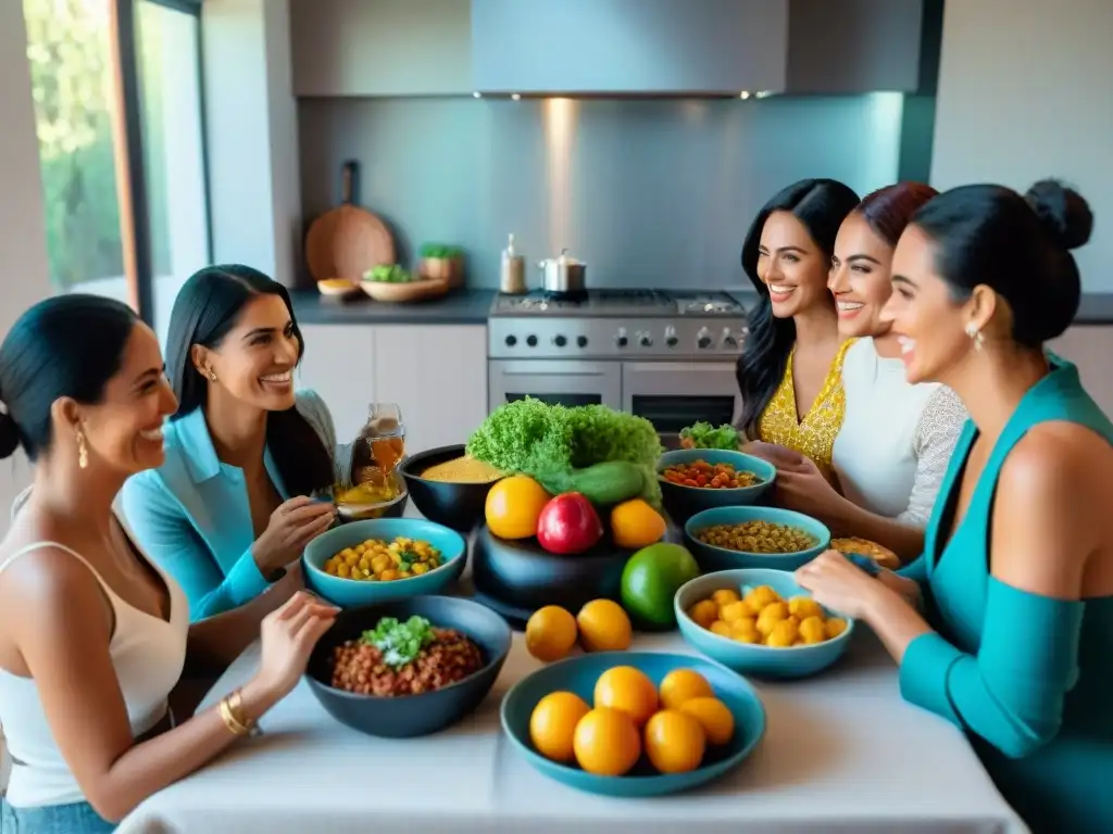 Unidos en torno a la mesa, familias uruguayas sonrientes comparten comida saludable y conversaciones cálidas