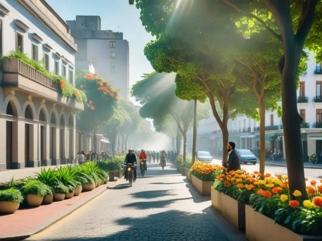 Reforestación urbana en Uruguay: Calles rebosantes de vegetación, árboles altos, plantas vibrantes y flores coloridas, creando un oasis en la ciudad