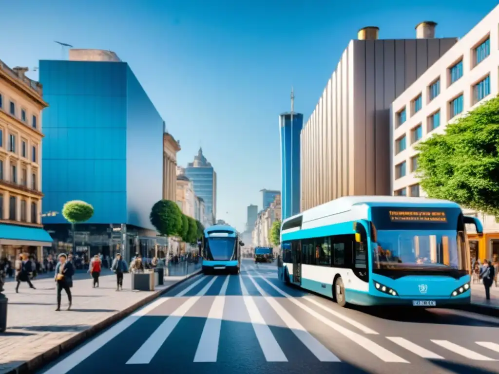 Uruguay: Calle urbana con transporte sostenible, como buses eléctricos, bicicletas y peatones, bajo cielo azul