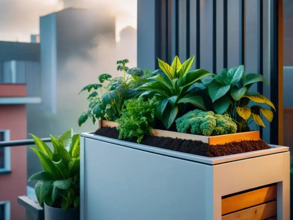 Balcon urbano en Uruguay convertido en estación de compostaje vibrante, resaltando prácticas ecofriendly y sostenibles con plantas verdes