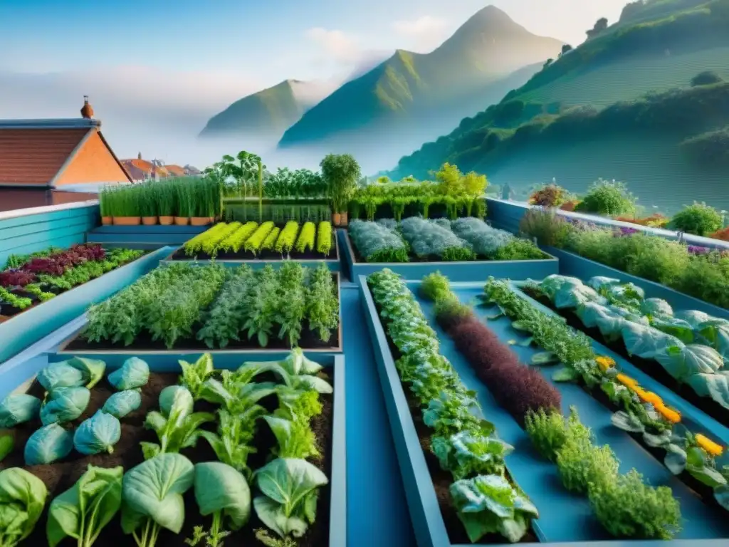 Jardín urbano lleno de verduras y hierbas coloridas, promoviendo el cultivo de alimentos en casa