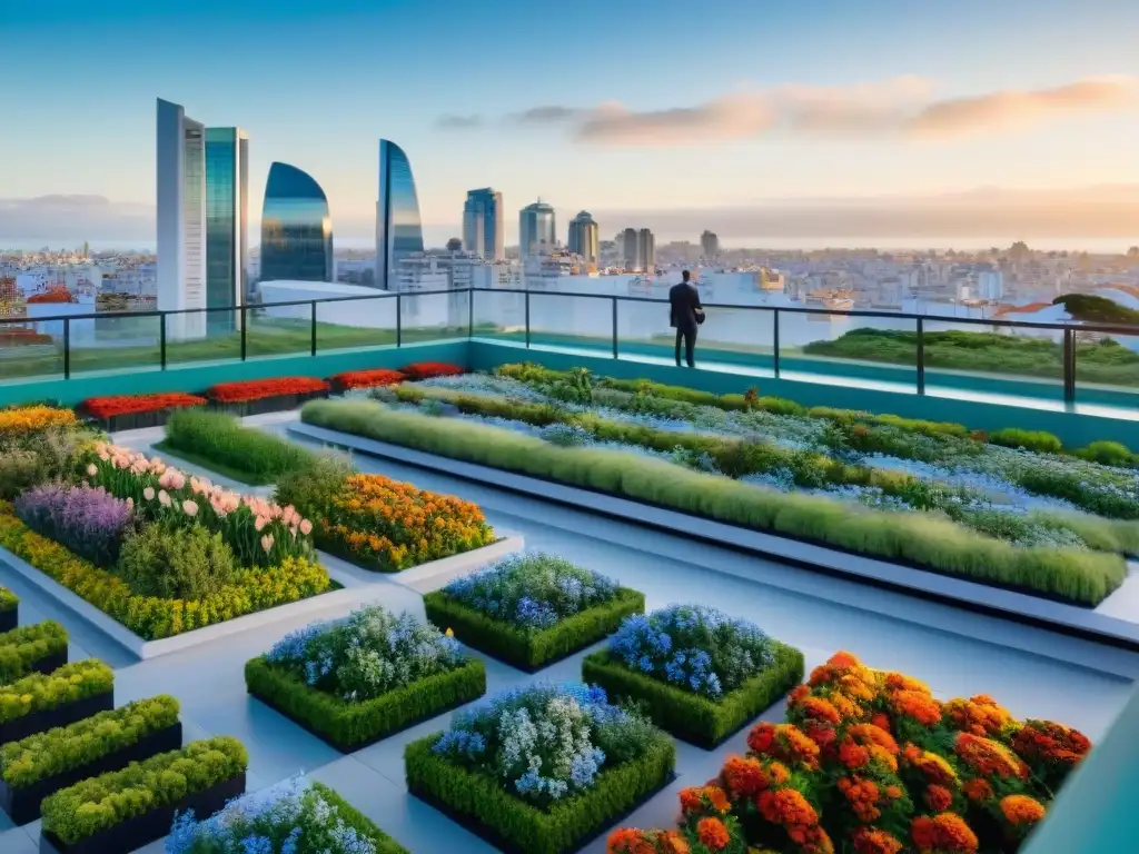 Jardín urbano en Montevideo con plantas verdes y flores, reflejando bienestar corporativo en Uruguay