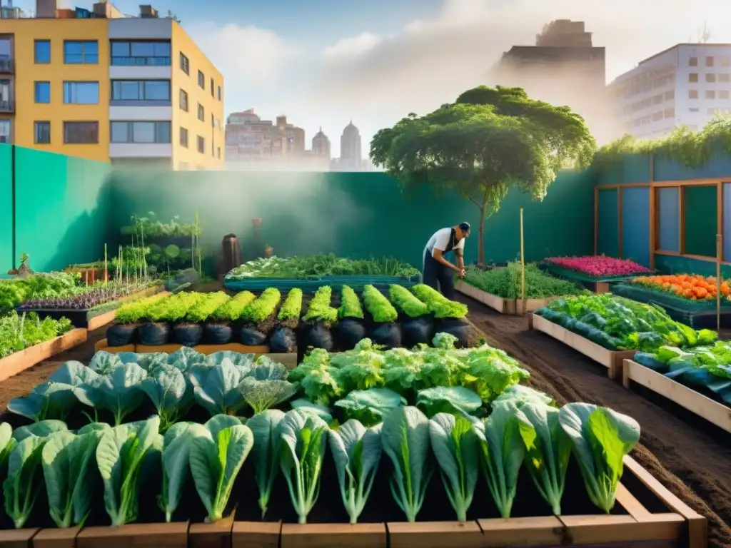 Un jardín urbano próspero en Montevideo, con personas de todas las edades y fondos cuidando la huerta