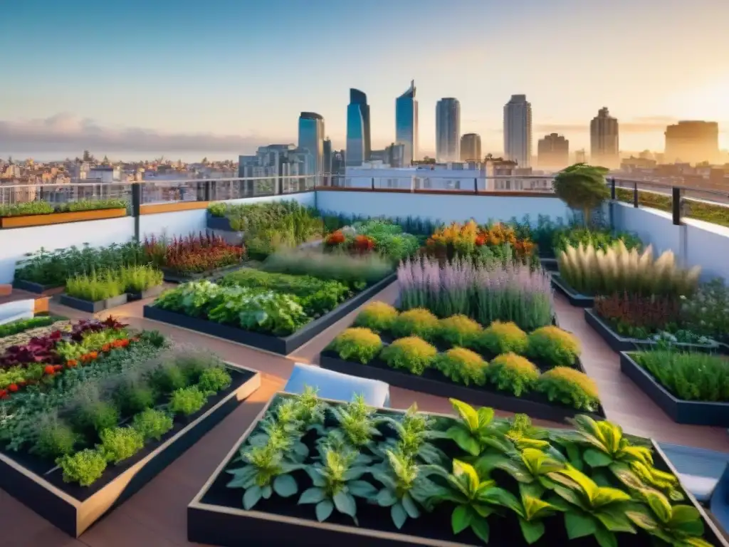 Jardín urbano sostenible en Montevideo, Uruguay, con plantas vibrantes en macetas modernas