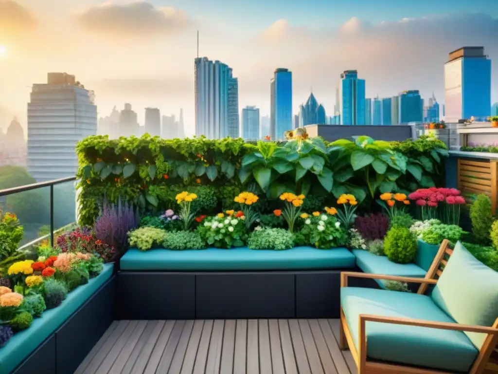 Un jardín urbano vibrante y exuberante en un balcón con vista a la bulliciosa ciudad de Uruguay