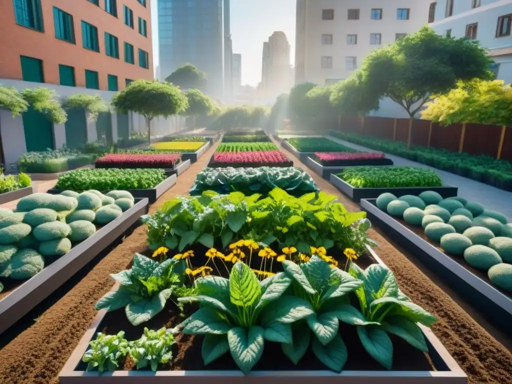 Un jardín urbano vibrante en Uruguay con huertas urbanas para bienestar, repleto de verduras verdes y flores coloridas