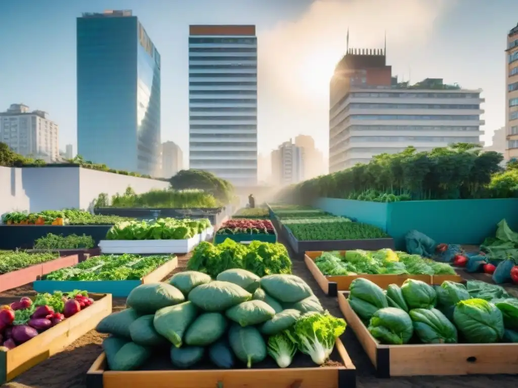 Un jardín urbano vibrante en Uruguay, con huertos coloridos y frutas, bajo el cálido sol, destacando la vida urbana