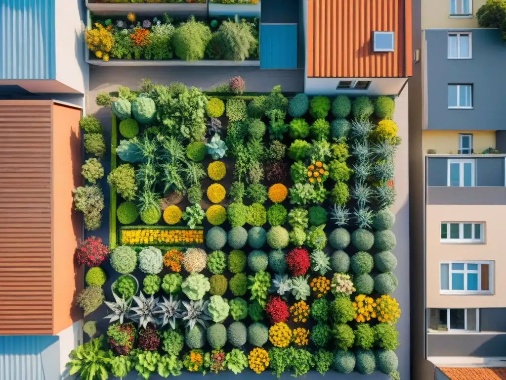 Un jardín urbano vibrante en Uruguay, con plantas, flores y hortalizas en patrones geométricos, rodeado de edificios altos y personas disfrutando