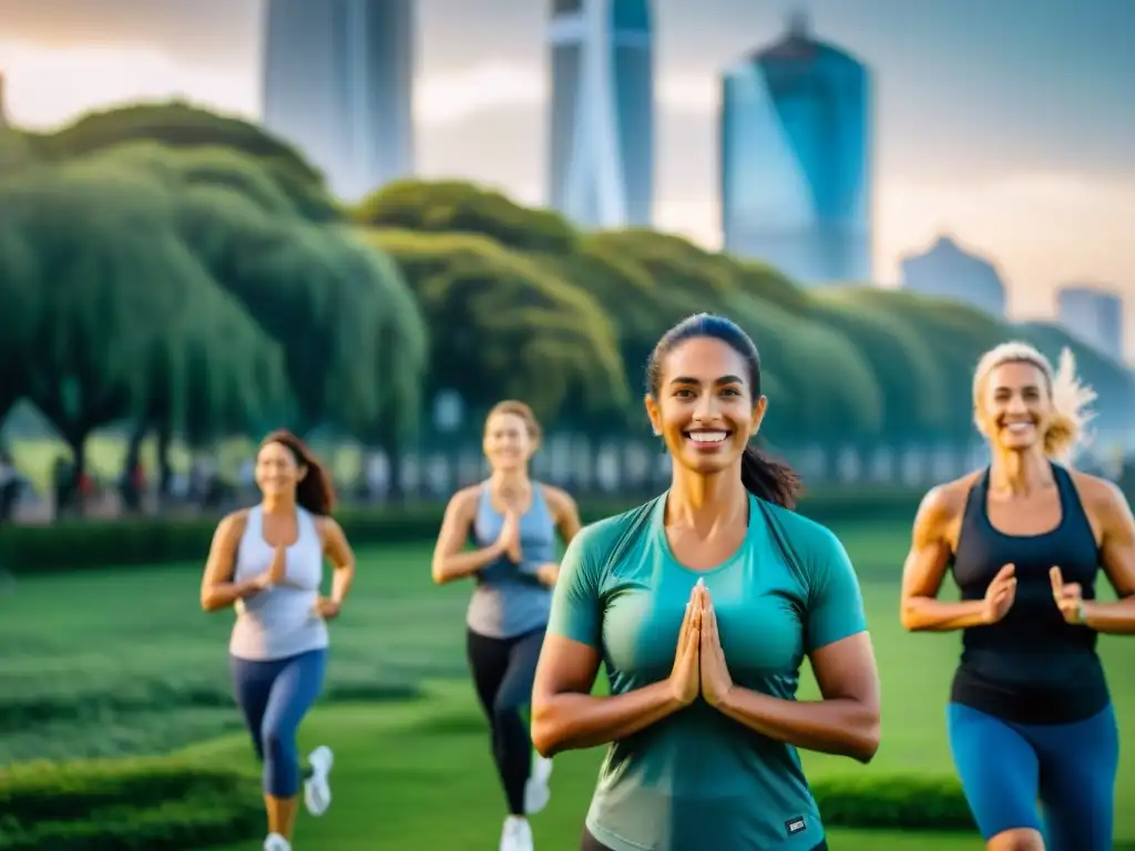 Uruguayanos sonrientes practicando yoga, jogging y deportes en un parque verde con rascacielos al fondo