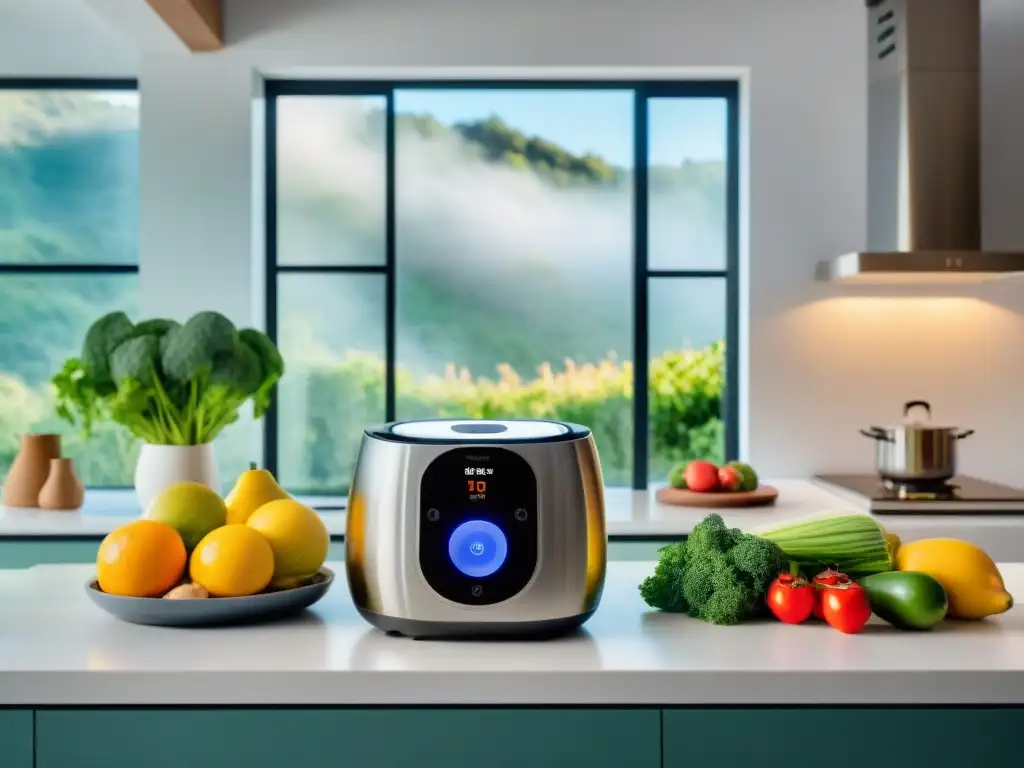 Utensilios de cocina saludable en Uruguay: gadgets modernos brillan junto a frutas frescas en una cocina innovadora y luminosa