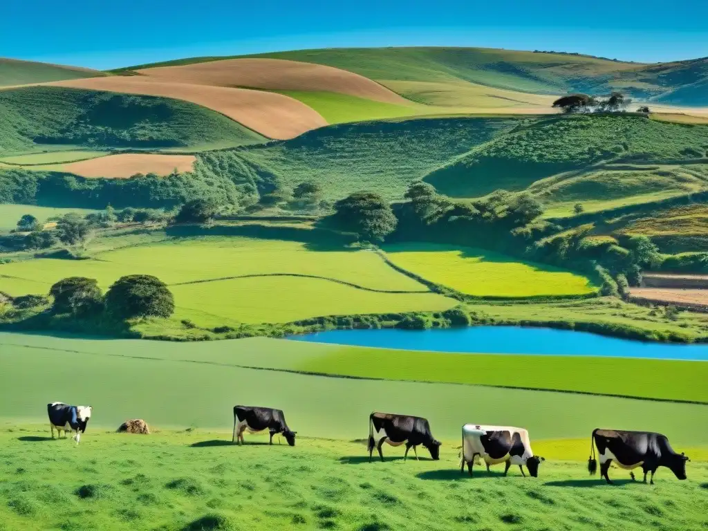 Vaca feliz pastando en un campo verde de Uruguay, representando la producción sostenible carne uruguaya