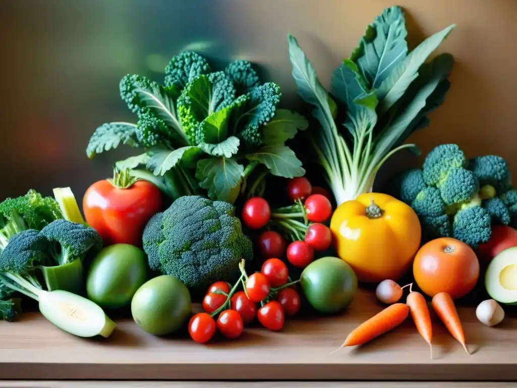 Variada y colorida selección de alimentos frescos y sanadores en una mesa de madera iluminada naturalmente