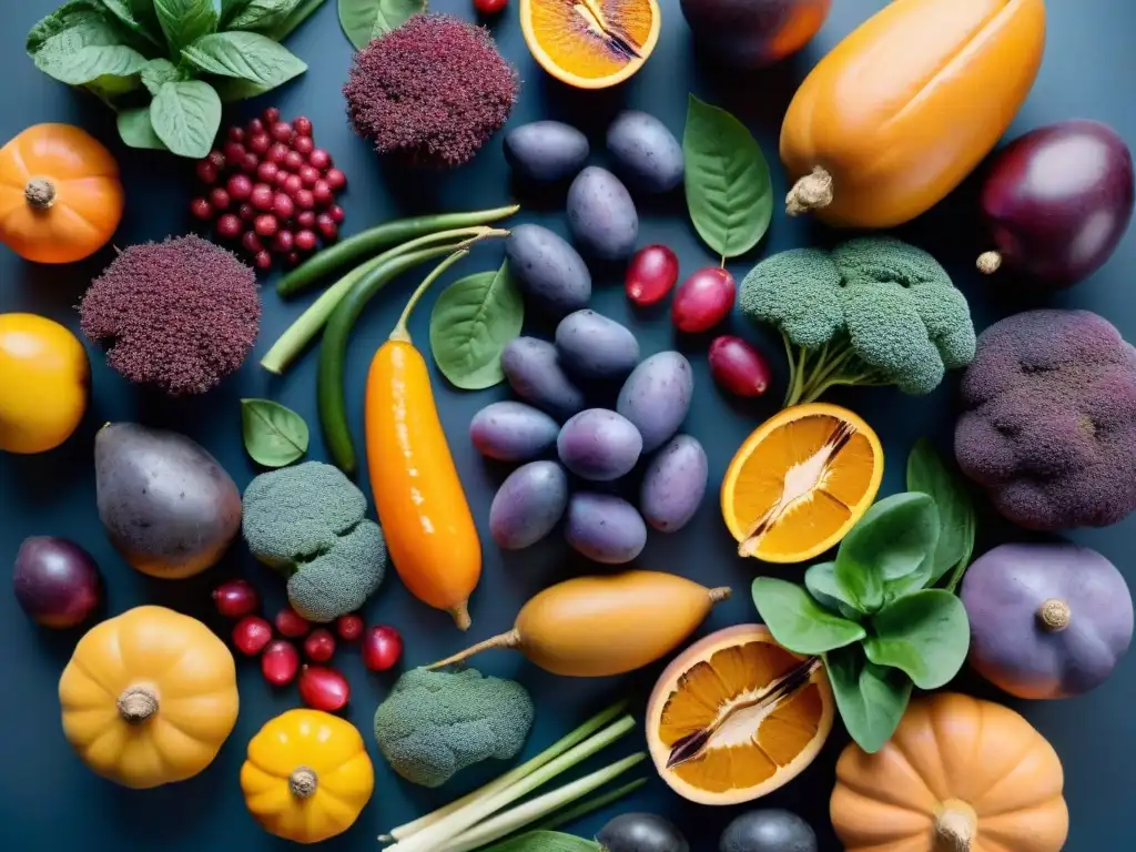 Variedad de alimentos frescos de Uruguay para prevenir cáncer, con colores vibrantes y brillo de rocío bajo la suave luz solar