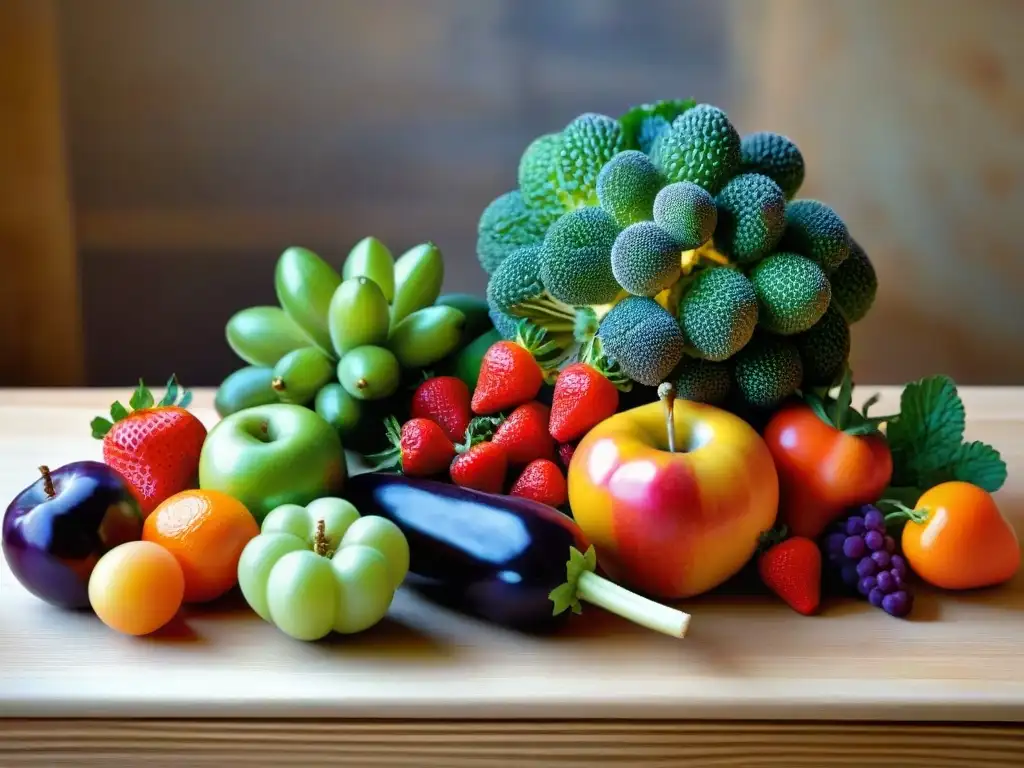 Una variedad colorida de frutas y verduras frescas sobre mesa rústica