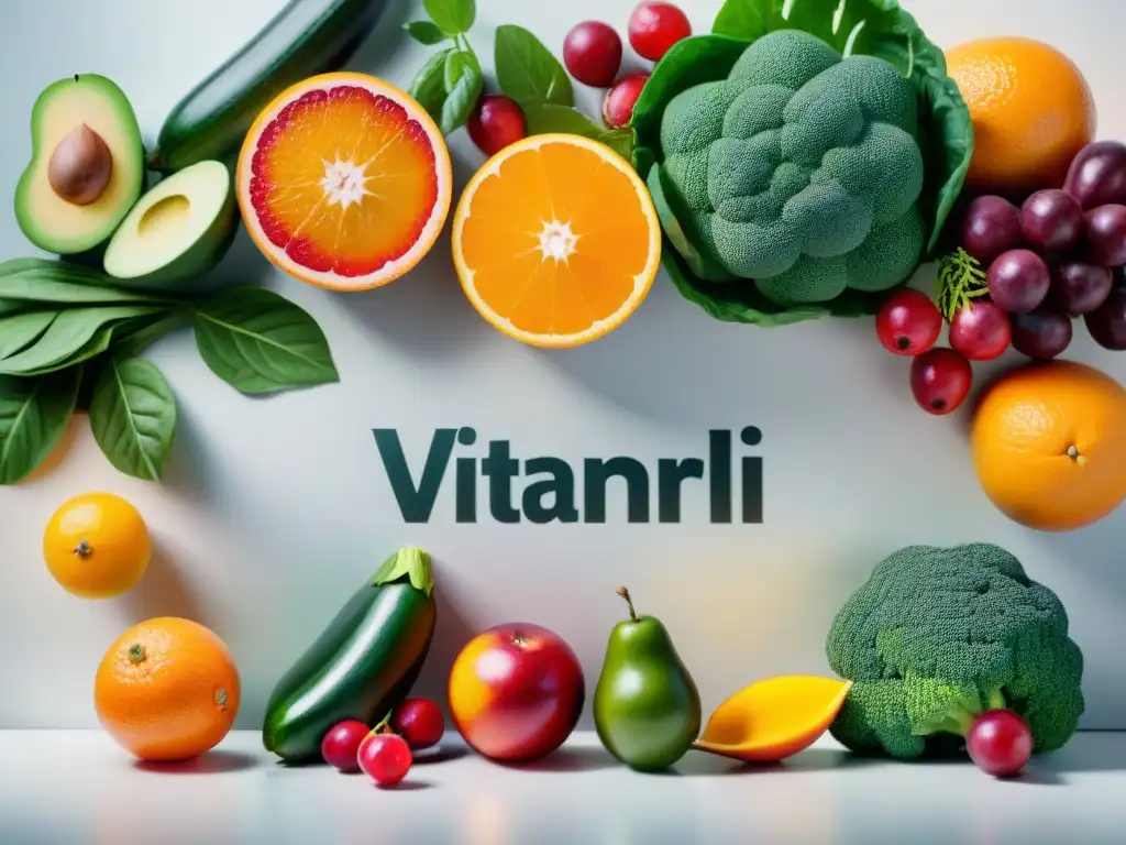 Una variedad colorida de frutas y verduras llenas de vitaminas para bienestar mental en Uruguay, dispuestas en una mesa blanca