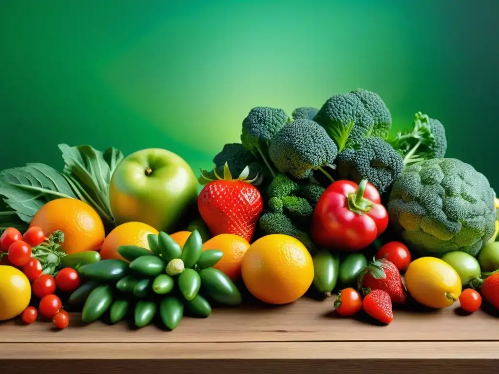 Una variedad colorida de frutas y verduras frescas sobre una mesa de madera, iluminadas por la luz natural