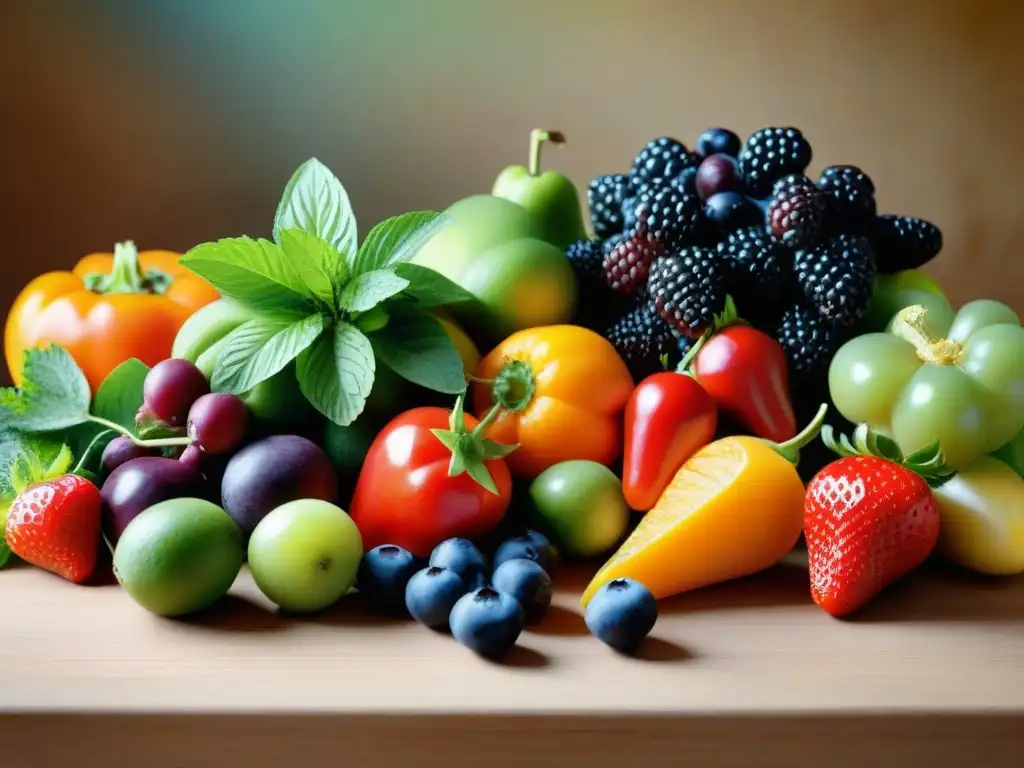 Una variedad colorida de frutas y verduras frescas en una mesa de madera, transmitiendo salud y bienestar