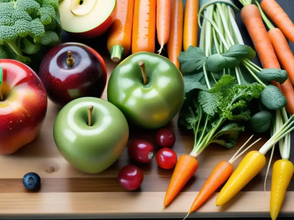 Una variedad colorida de frutas y verduras frescas en tabla de madera, con gotas de agua