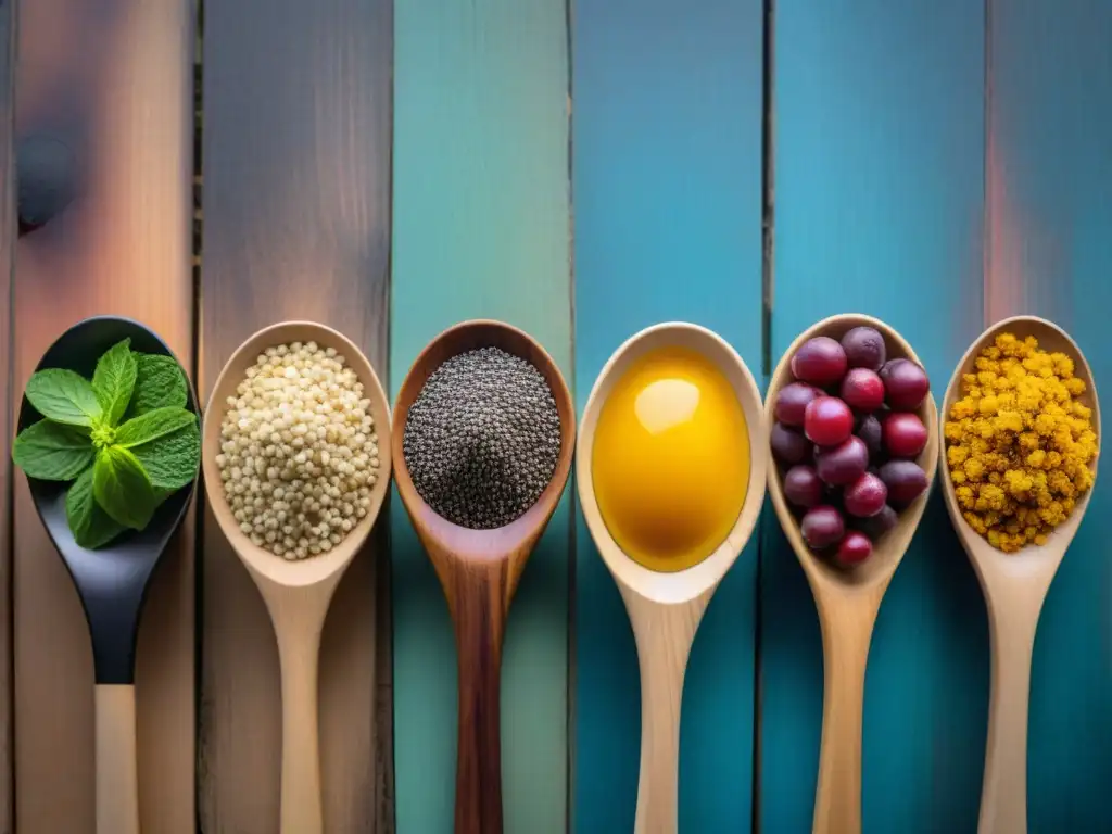 Una variedad colorida de superalimentos uruguayos en una mesa de madera, resaltando los beneficios superalimentos uruguayos dieta