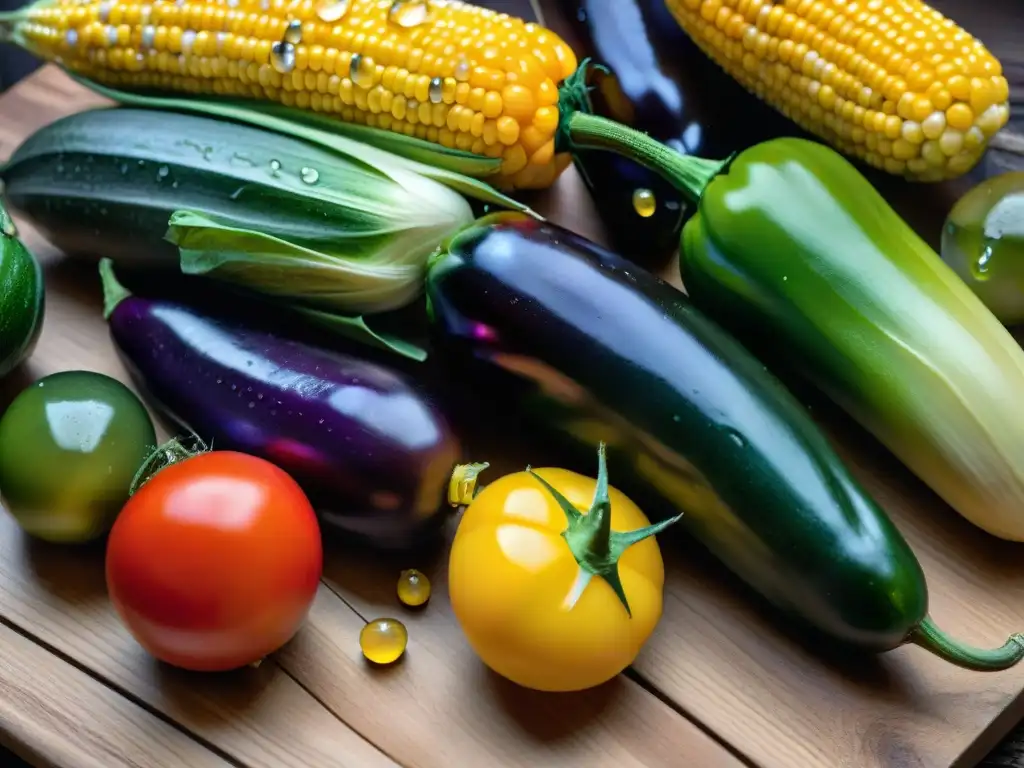 Una variedad colorida de verduras de temporada en Uruguay sobre una mesa rústica, frescas y abundantes