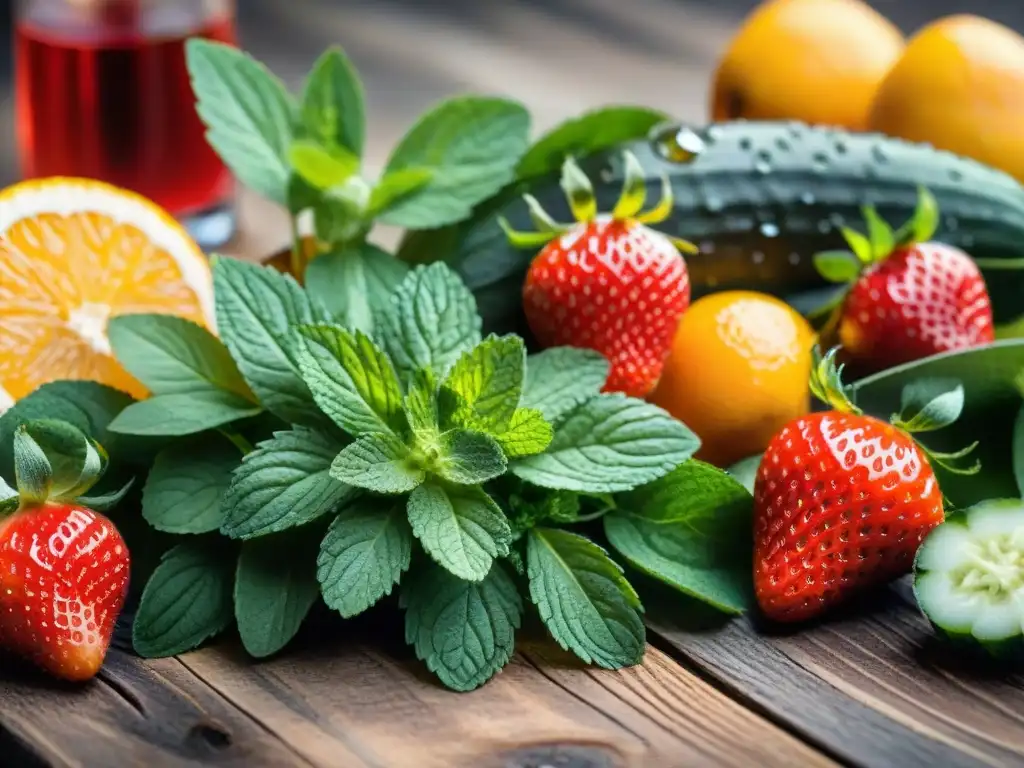 Variedad de frutas y hierbas coloridas en mesa de madera, listas para recetas de aguas saborizadas caseras en Uruguay