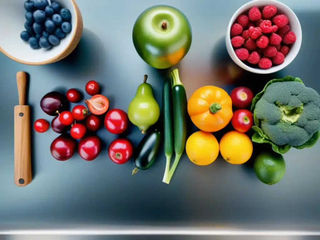 Variedad de frutas y verduras antioxidantes, coloridas y frescas, en una cocina moderna