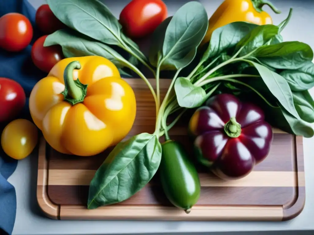 Variedad de frutas y verduras coloridas de Uruguay en tabla de cortar moderna