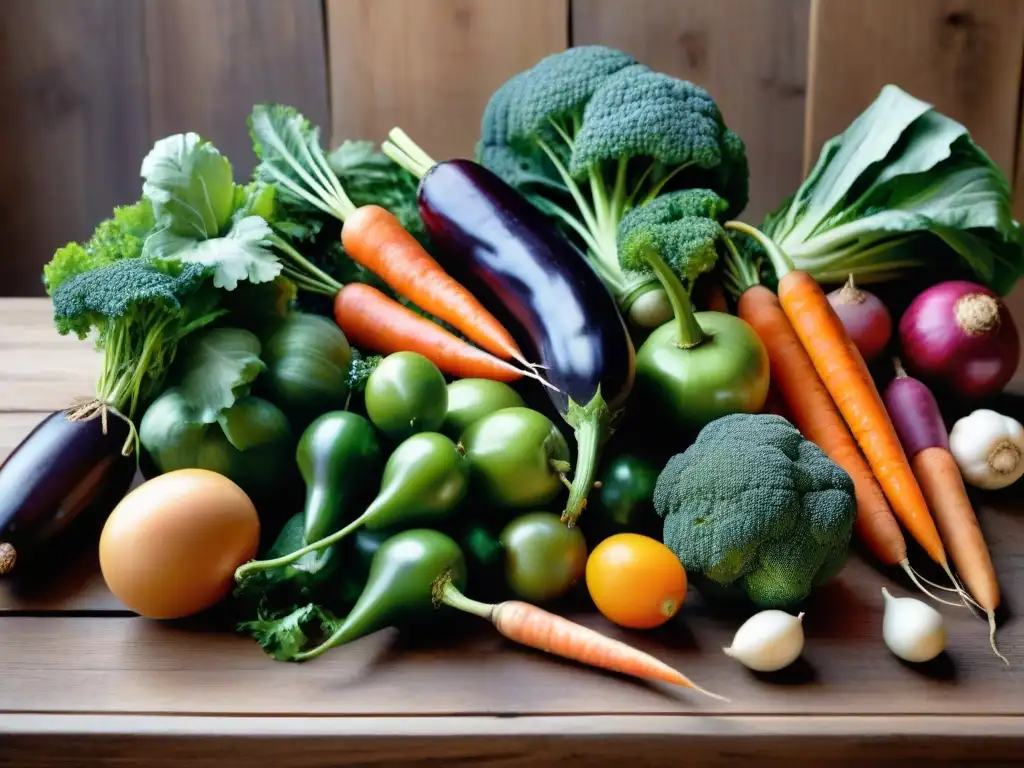 Una variedad de frutas y verduras coloridas sobre mesa de madera rústica, transmitiendo los beneficios de la fibra en Uruguay