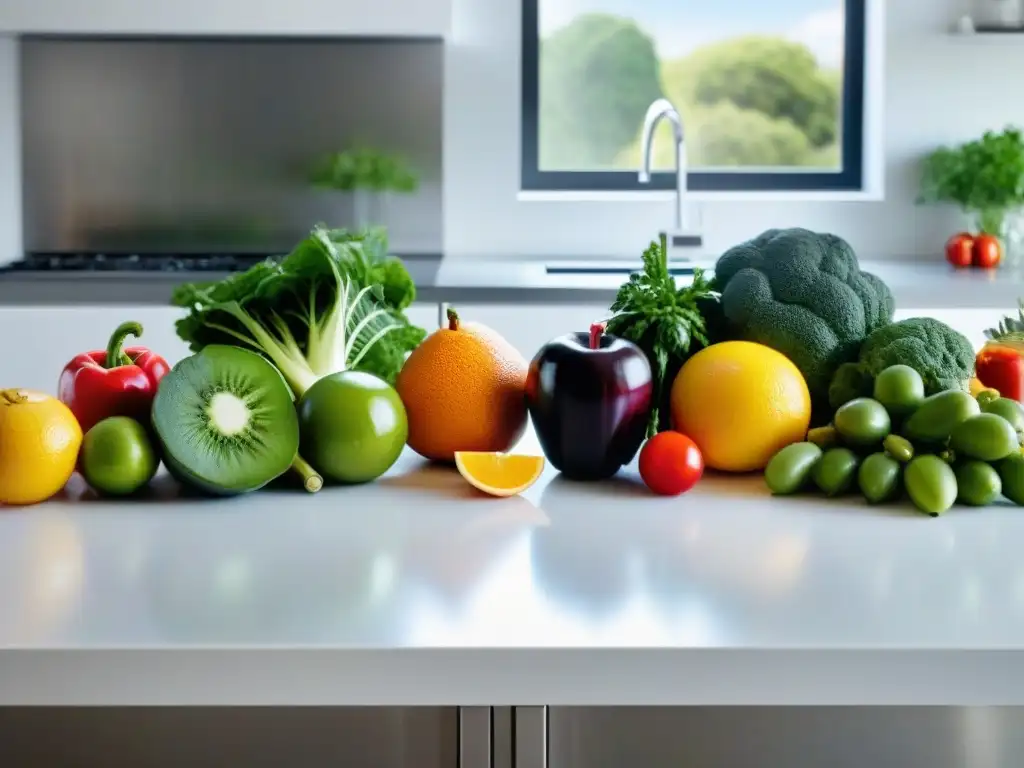 Una variedad de frutas y verduras frescas y coloridas sobre una encimera de cocina blanca, evocando bienestar y vitalidad