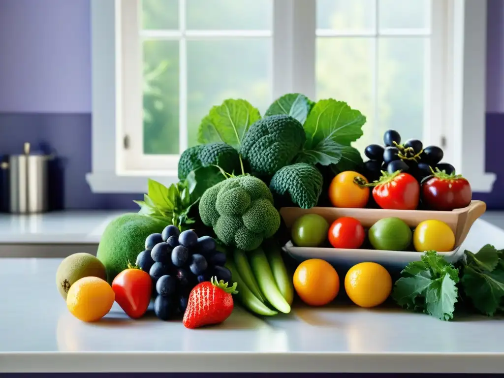 Una variedad de frutas y verduras frescas y coloridas sobre una encimera minimalista