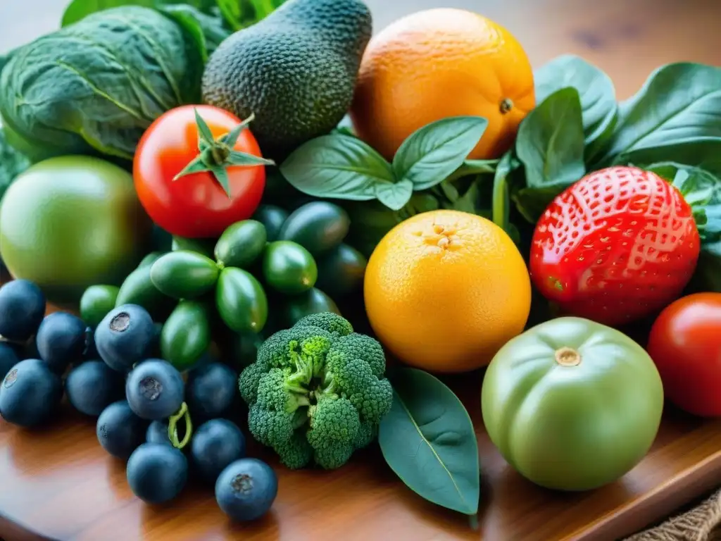 Variedad de frutas y verduras frescas en Uruguay, en una mesa de madera con luz natural