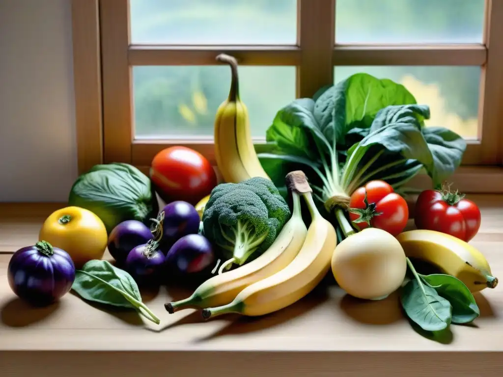 Una variedad de frutas y verduras frescas y coloridas en una mesa de madera, bañadas por la luz del sol