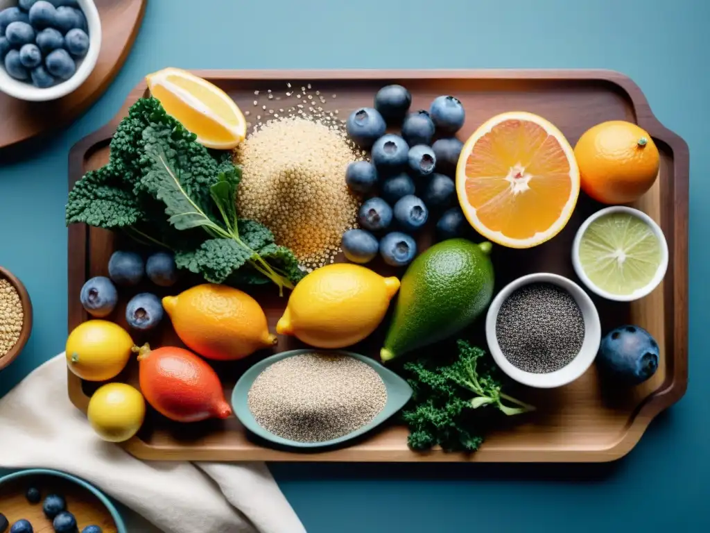 Variedad de superalimentos uruguayos frescos en un plato de madera moderno, resaltando beneficios y colores