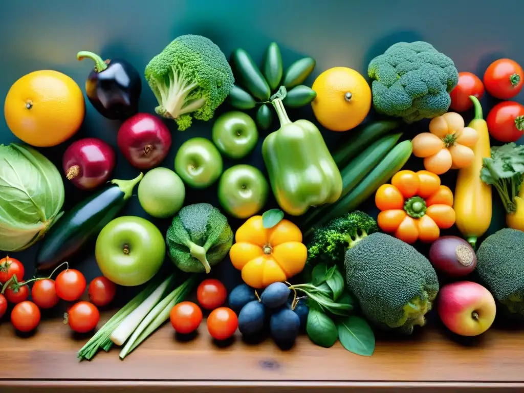 Una variedad vibrante de frutas y verduras frescas sobre mesa de madera en Uruguay