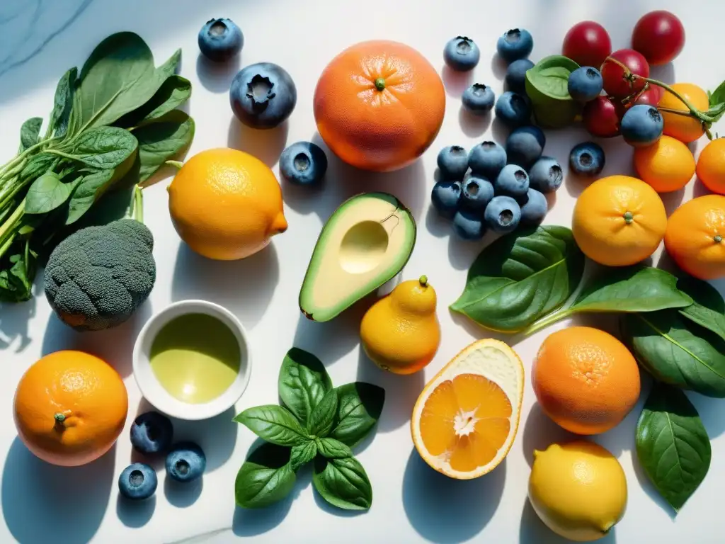 Una variedad vibrante de frutas y verduras frescas sobre una encimera de mármol blanco