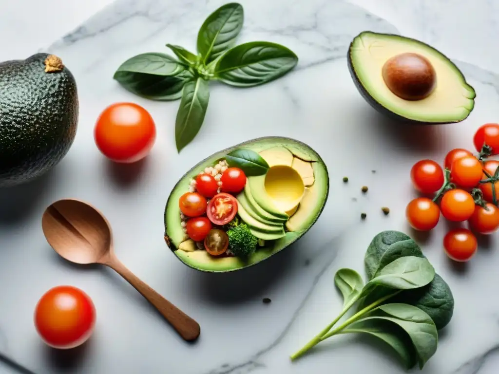 Una variedad vibrante de ingredientes saludables para el corazón en una encimera de mármol blanco