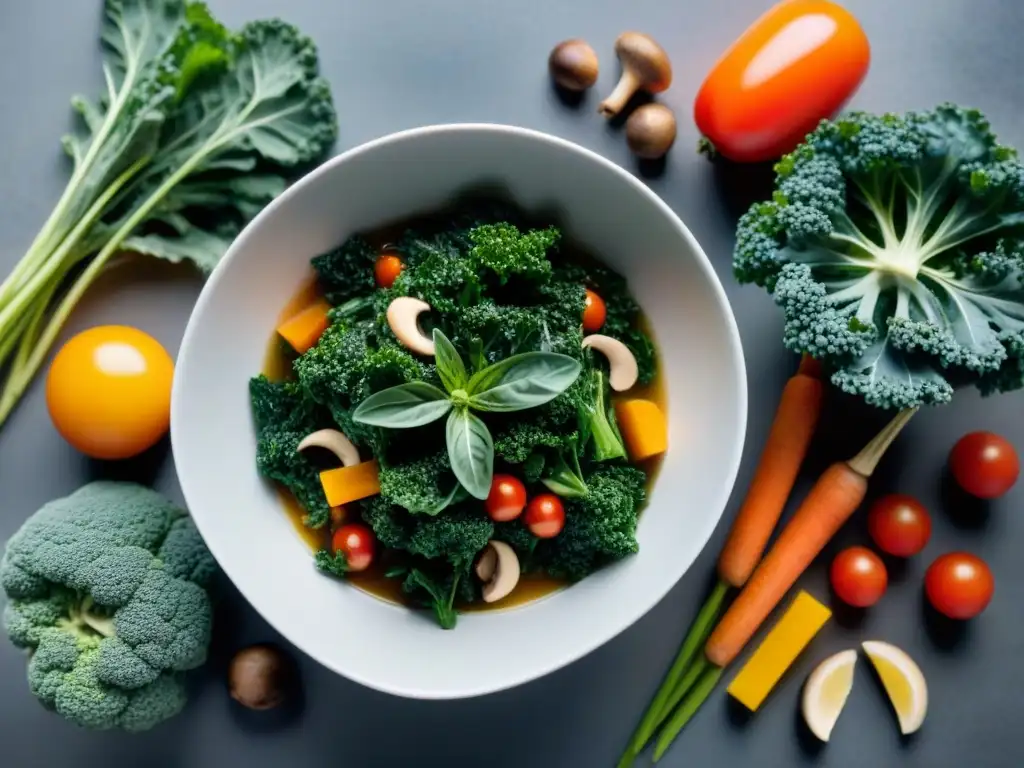 Una variedad vibrante de verduras, hierbas y especias en una cocina minimalista