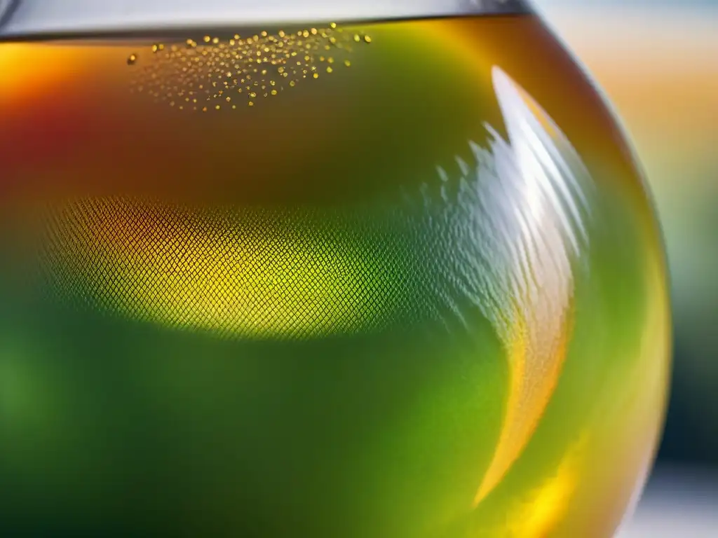 Un vaso de vinagre de manzana con tonos dorados y condensación, reflejando luz en un paisaje de huertos