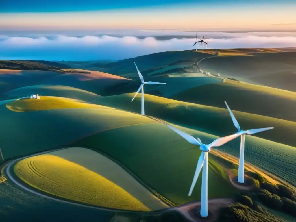 Vasto campo de aerogeneradores en Uruguay bajo cielo azul, con puesta de sol