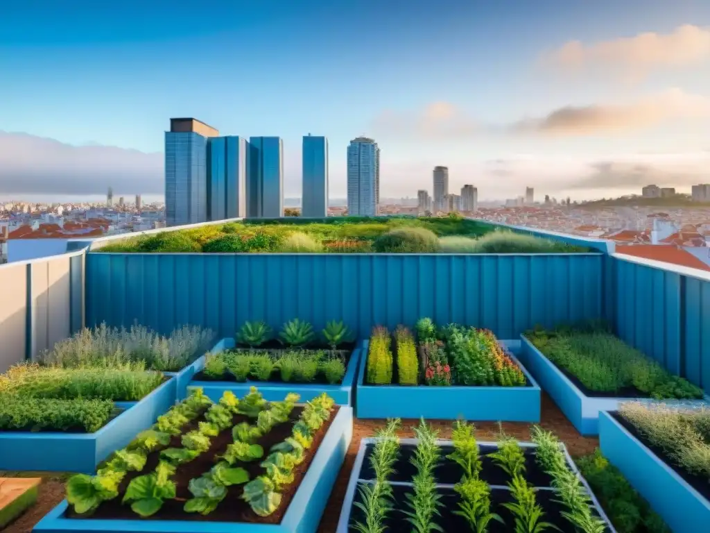 Jardín verde en la azotea de un edificio sostenible en Uruguay, integrando hábitos ecofriendly