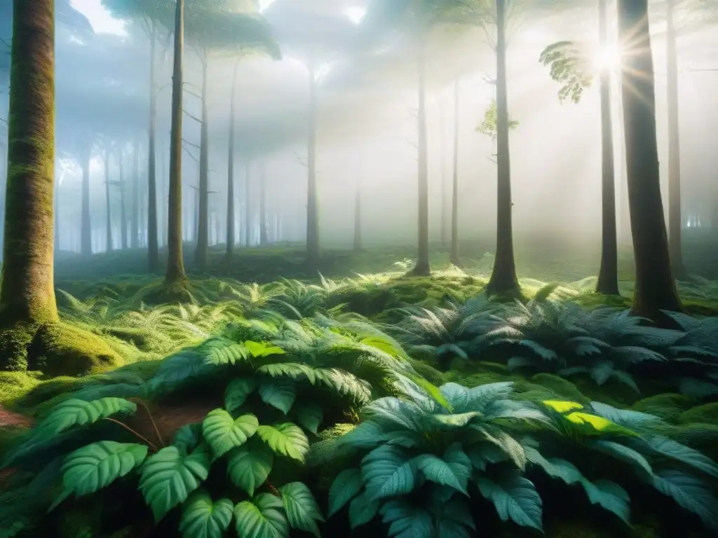 Verde exuberante de un bosque en Uruguay, resplandor solar entre las hojas, reflejando la belleza y serenidad de la naturaleza en el país