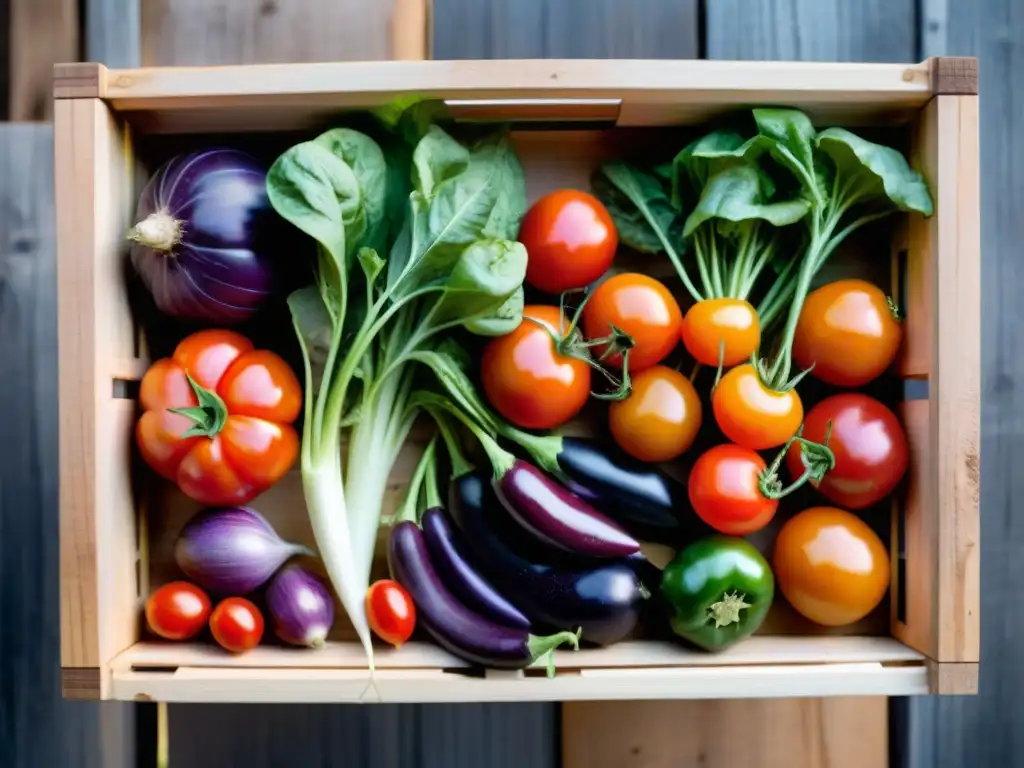 Verduras de temporada en Uruguay: Colorida cosecha local, tomates rojos, lechuga verde, berenjenas moradas y zanahorias naranjas, frescas y brillantes bajo el suave sol