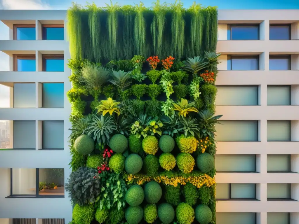 Un jardín vertical exuberante en Montevideo, Uruguay, mostrando los beneficios de los jardines verticales en espacios urbanos